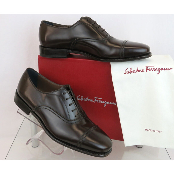 NIB FERRAGAMO SEUL DARK BROWN POLISHED LEATHER CAP TOE LOGO OXFORDS 10.5 EE main image 12